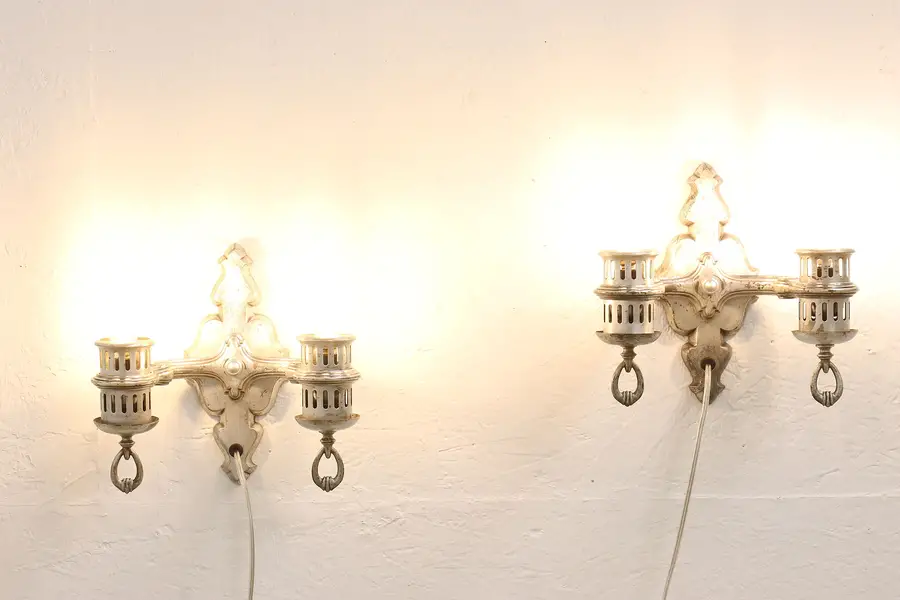 Photo of Pair Gothic Antique Silverplate Double Wall Sconce Lights