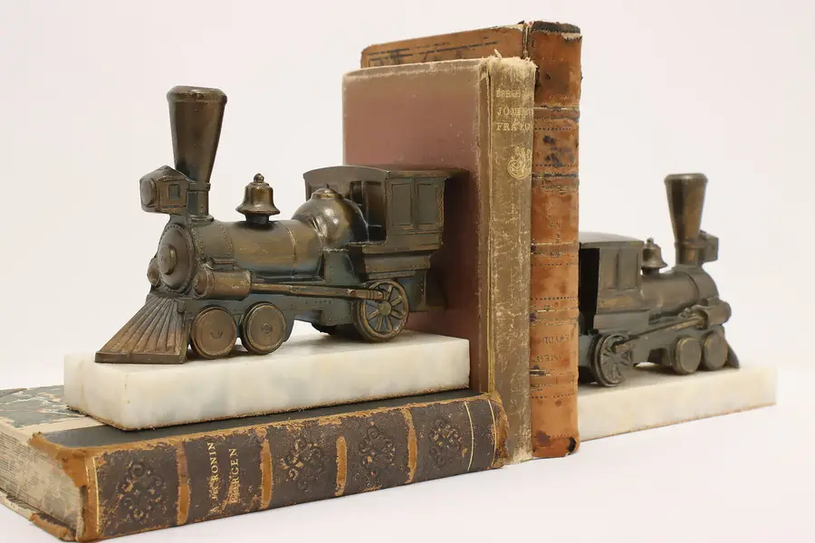Photo of Pair of Vintage Bronze & Onyx Locomotive Library Bookends