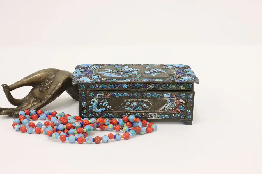 Photo of Asian Antique Cloisonne Enamel Nickel Jewelry Trinket Chest