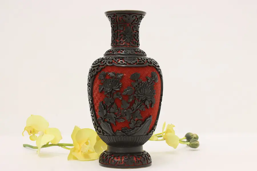Photo of Chinese Vintage Carved Cinnabar & Black Lacquer Brass Vase