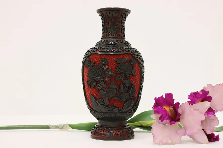 Photo of Chinese Vintage Carved Cinnabar & Black Lacquer Brass Vase
