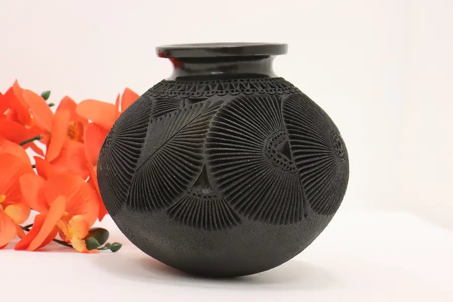Photo of Mexican Oaxaca Vintage Black Clay Pottery Vase