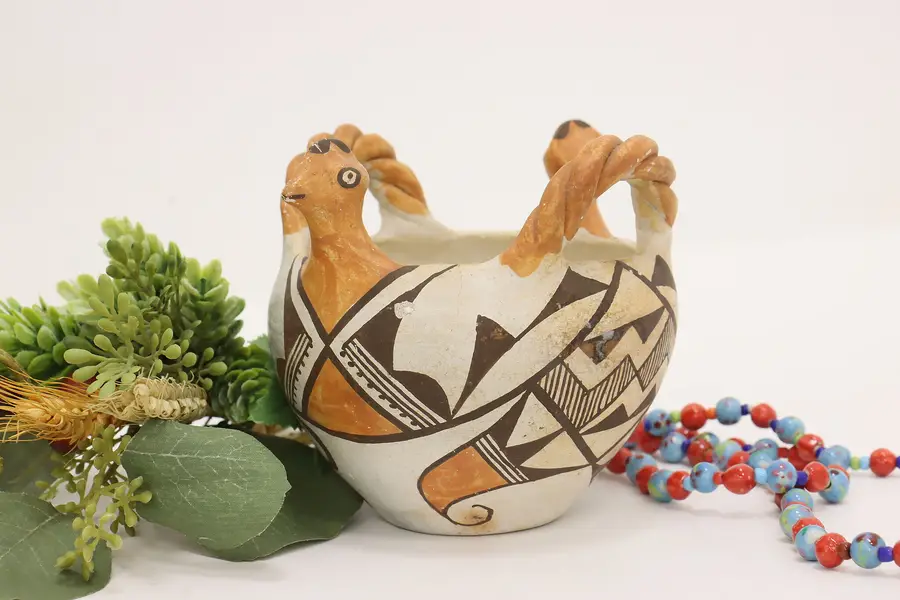 Photo of Native American Acoma Pueblo Vintage Pottery Vase, Chickens