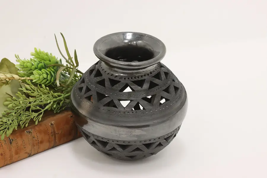 Photo of Mexican Oaxaca Vintage Black Clay Pierced Pottery Vase