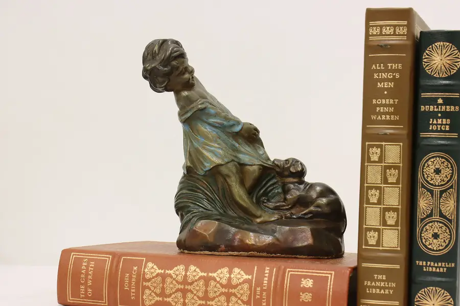 Photo of Art Deco Antique Child & Puppy Bronze Clad Bookend Sculpture