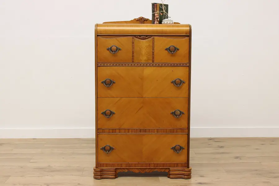 Photo of Art Deco Vintage Waterfall Mahogany & Bakelite Dresser Chest