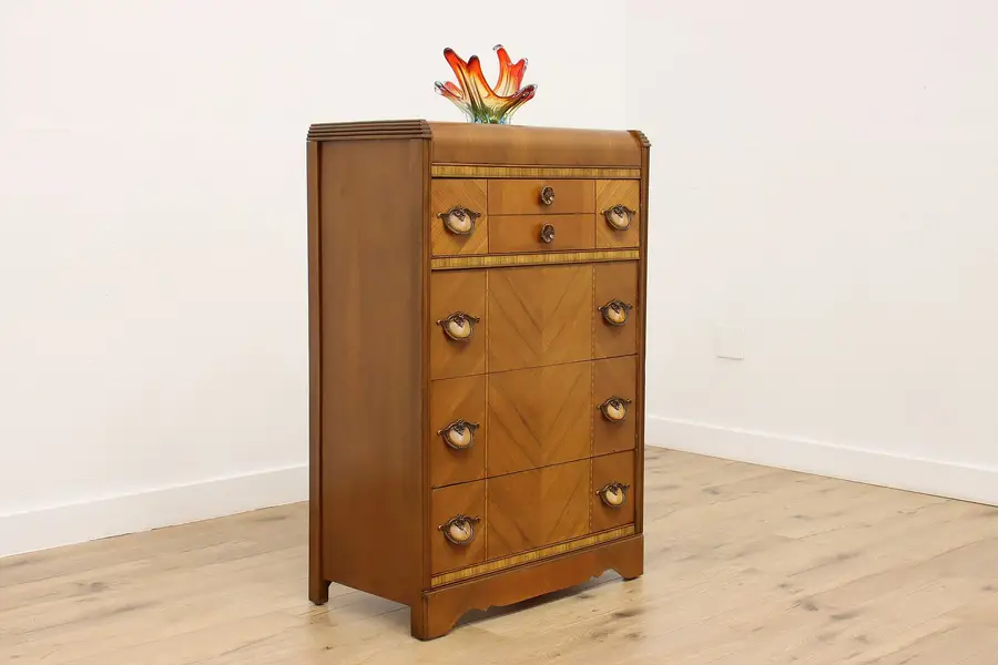 Photo of Art Deco Vintage Walnut & Bakelite Waterfall Dresser Chest