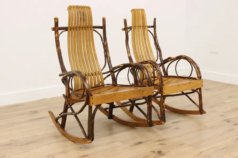 Photo of Pair His & Hers Rockers Amish Vintage Twig Rocking Chairs