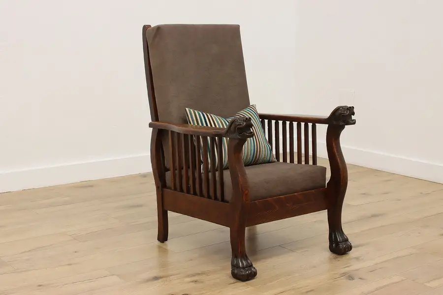 Photo of Victorian Antique Oak Push Button Recliner Chair Dragon Arms