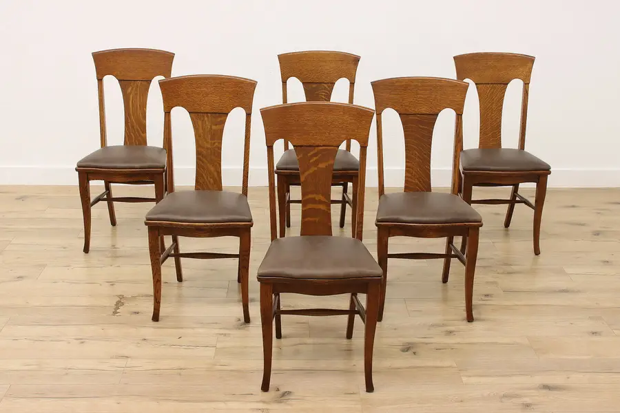 Photo of Set 6 Arts & Crafts Antique Oak & Leather Game Dining Chairs