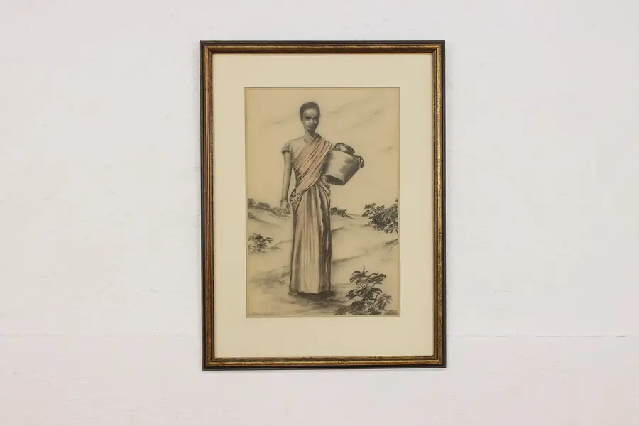 Photo of Indian Lady Vintage Original Charcoal on Paper Signed 25.5"