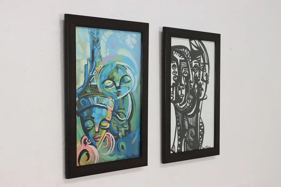 Photo of Pair of Abstract Faces Original Acrylic Paintings Massa 18"