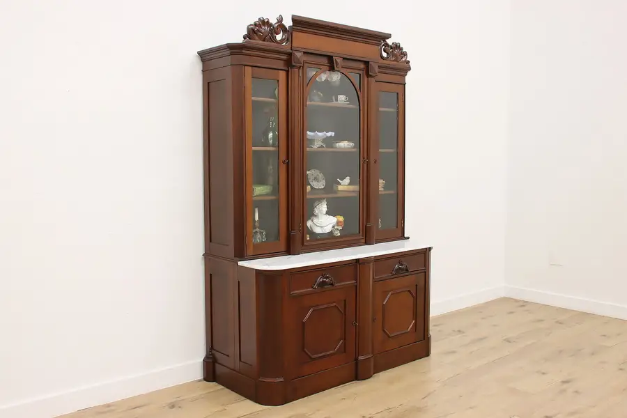 Photo of Victorian Antique Walnut & Marble Sideboard Bar or Bookcase