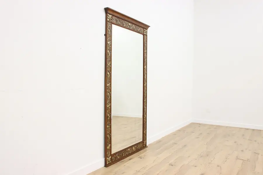 Photo of Art Nouveau Vintage Cherry & Gilt Pier Hall Mirror, Poppies