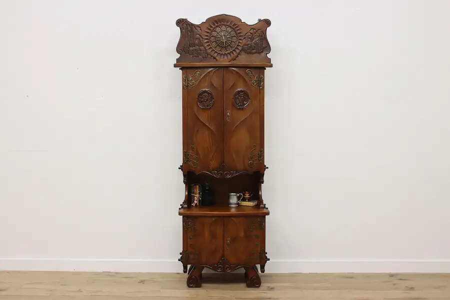 Photo of Art Nouveau Vintage Elm Cupboard Cabinet Clock & Church