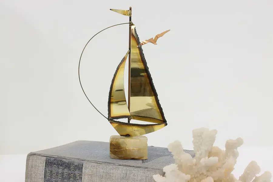 Photo of Nautical Vintage Brass & Copper Ship Sculpture on Onyx Base