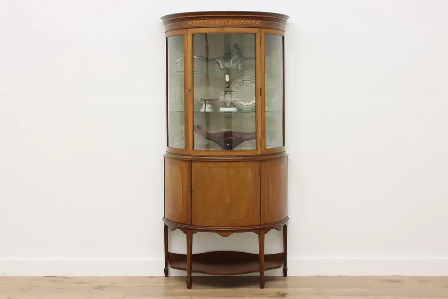 Photo of English Antique Mahogany Curved Glass Curio Display Cabinet