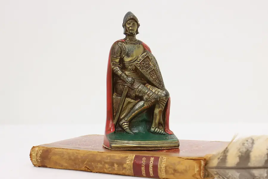 Photo of Medieval Knight Vintage Painted Brass Library Bookend, 8K