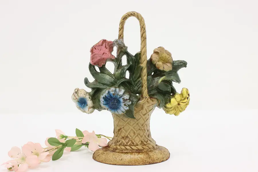 Photo of Farmhouse Vintage Cast Iron Flower Basket Door Stop Donsco