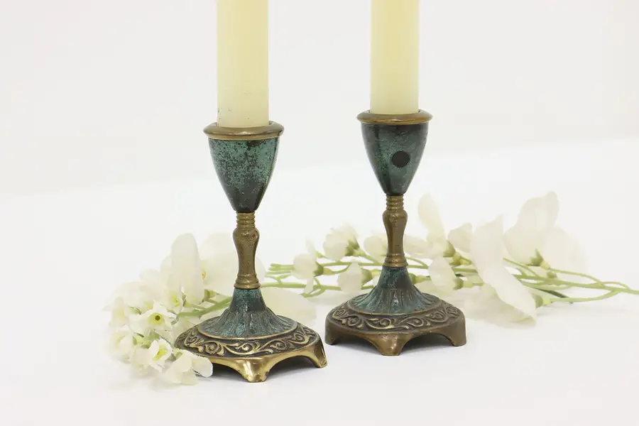 Photo of Pair of Vintage Patinated Bronze Candlesticks, Israel