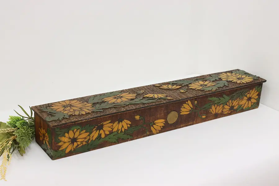 Photo of Folk Art Antique Burnt Wood Pyrography Keepsake Box, Daisies