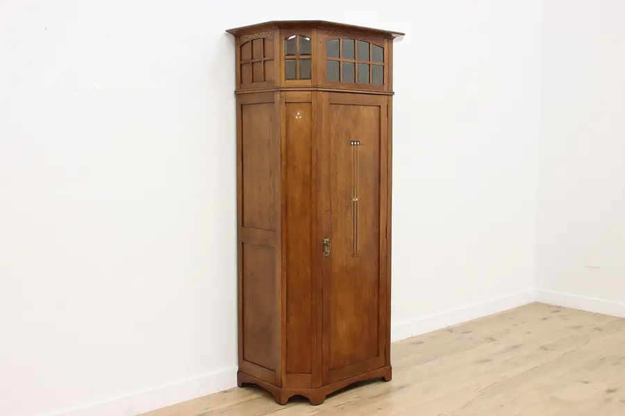 Photo of Arts & Crafts Antique Oak & Pearl Armoire Closet or Wardrobe