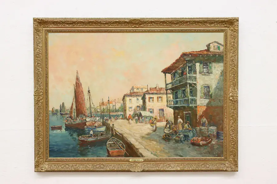 Photo of Harborside Market Antique Original Oil Painting Ward 41.5"