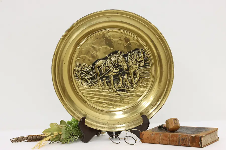 Photo of Farmhouse Vintage Brass Plow Horses Wall Plaque Lombard