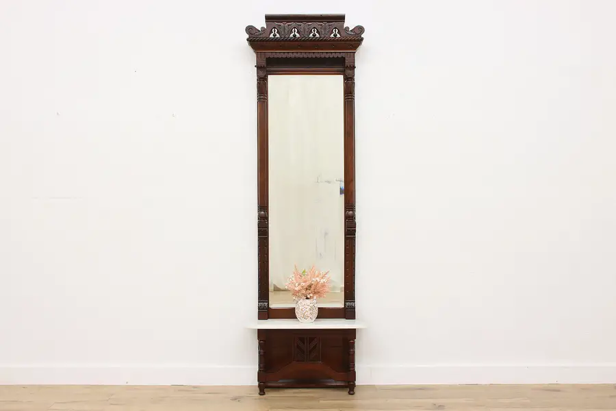 Photo of Victorian Eastlake Antique Carved Walnut Pier Mirror, Marble
