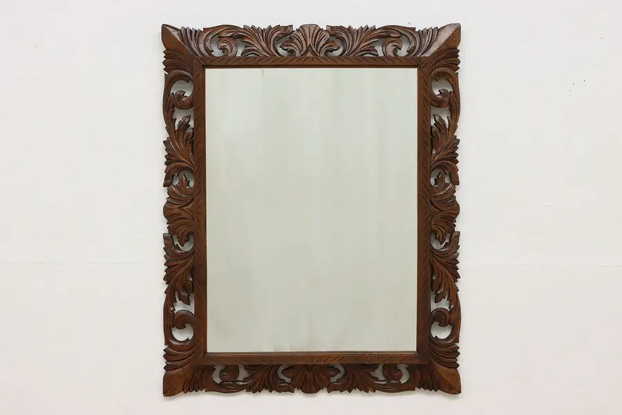 Photo of Victorian Antique Carved Oak Bath or Hall Mirror 43"