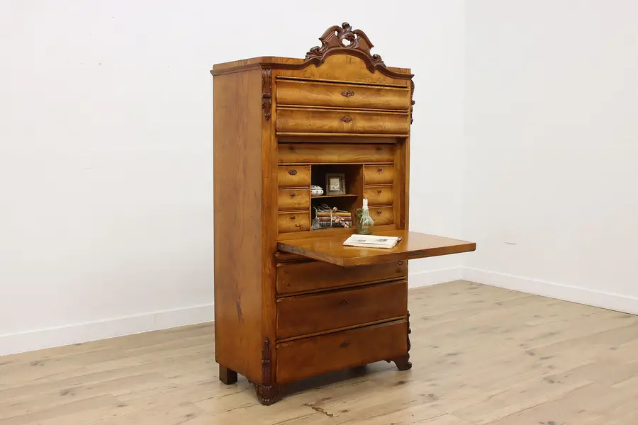 Photo of Biedermeier Antique Figured Ash Drop Front Secretary Desk