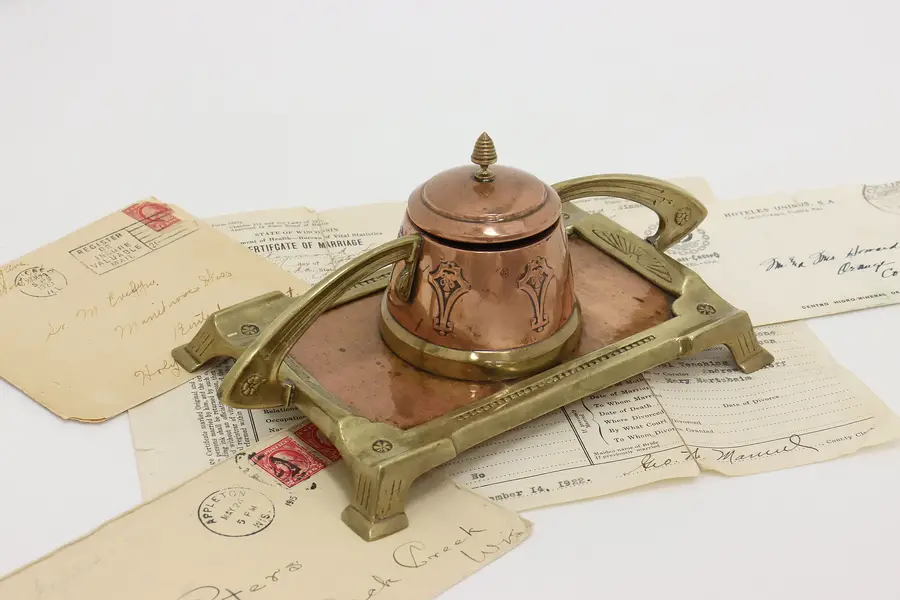 Photo of Art Nouveau Antique Copper & Brass Desktop Office Inkwell