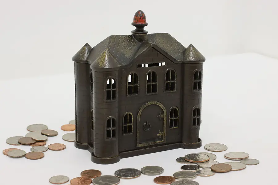 Photo of Victorian Antique Painted Cast Iron Castle Coin Bank