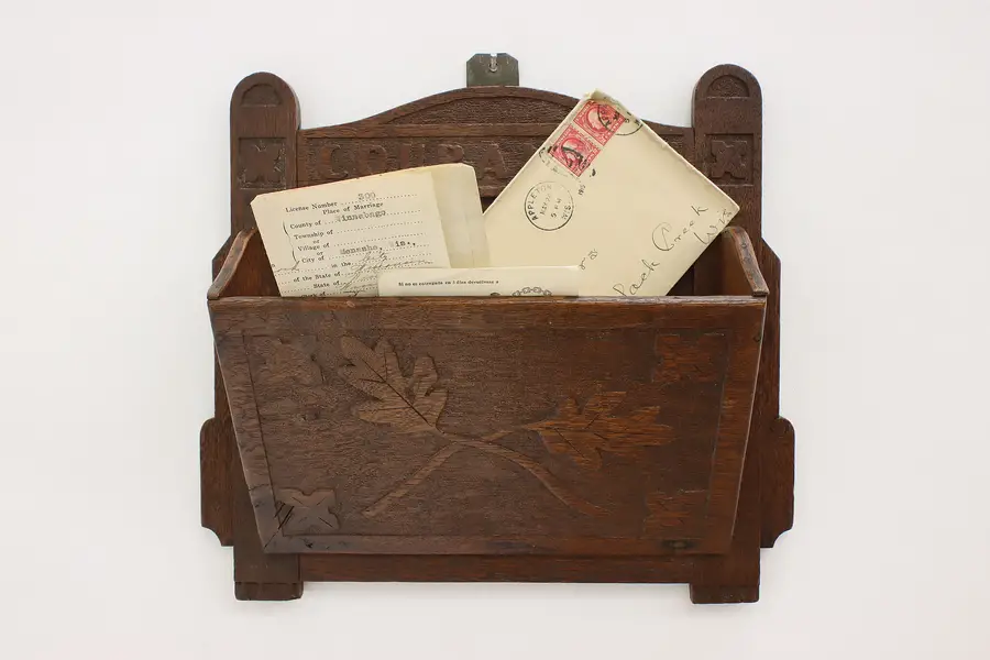 Photo of Victorian Folk Art Antique Walnut Wall Pocket Magazine Rack