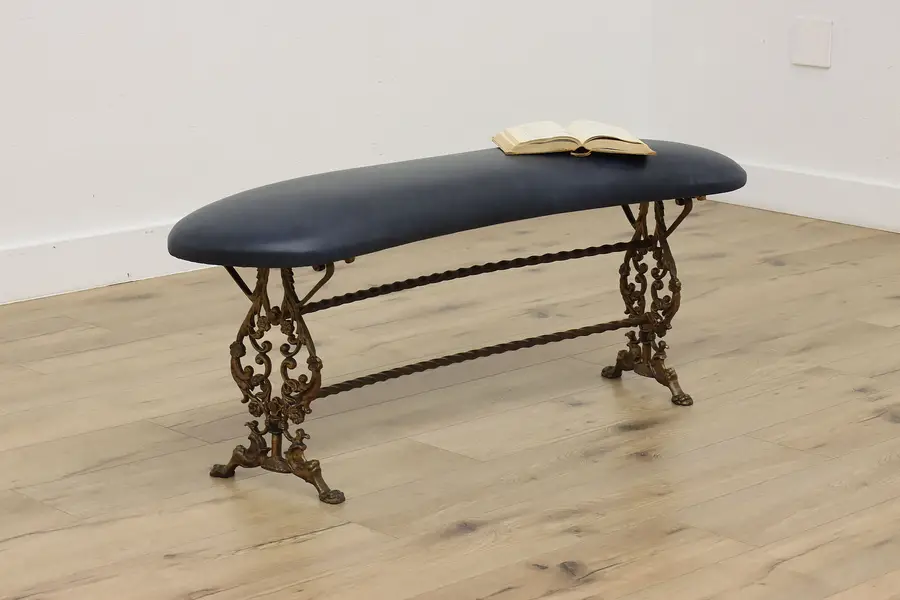 Photo of Curved Antique Cast Iron Hall Boudoir Bench, New Leather