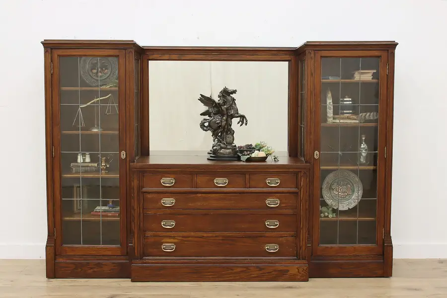 Photo of Arts & Crafts Mission Oak Antique Bookcase Back Bar Cabinet