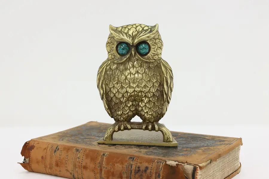Photo of Owl with Turquoise Eyes Vintage Brass Bookend Israel