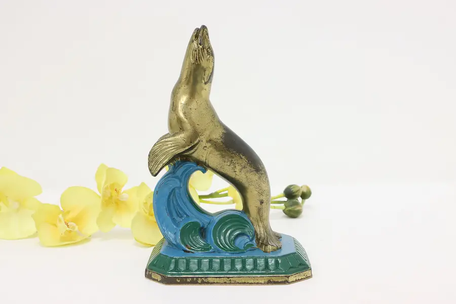 Photo of Leaping Sea Lion Antique Brass Finish Sculpture or Bookend