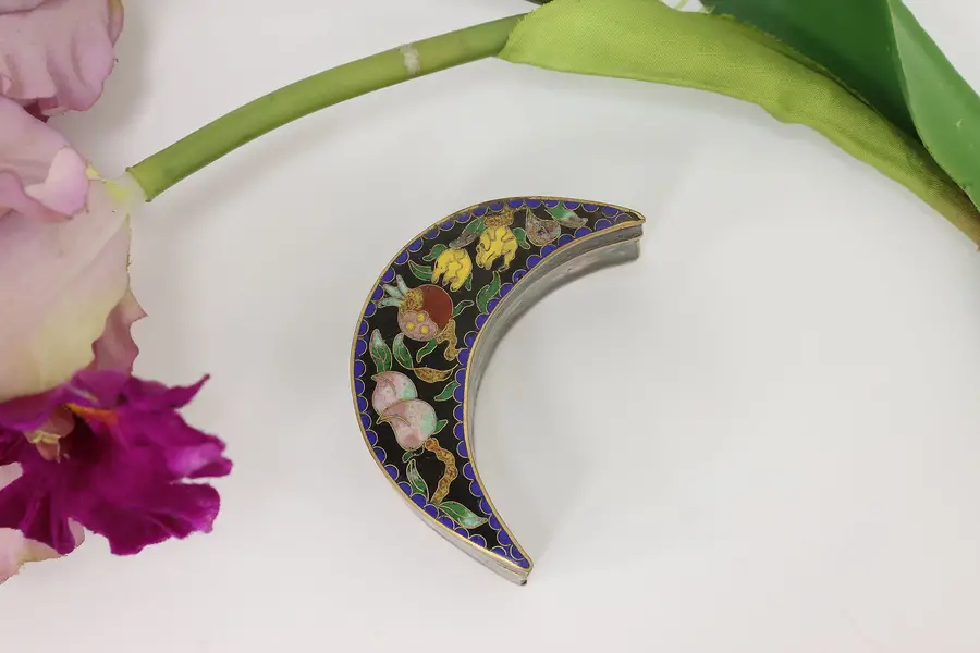 Photo of Chinese Antique Cloisonne Brass Crescent Trinket Snuff Box