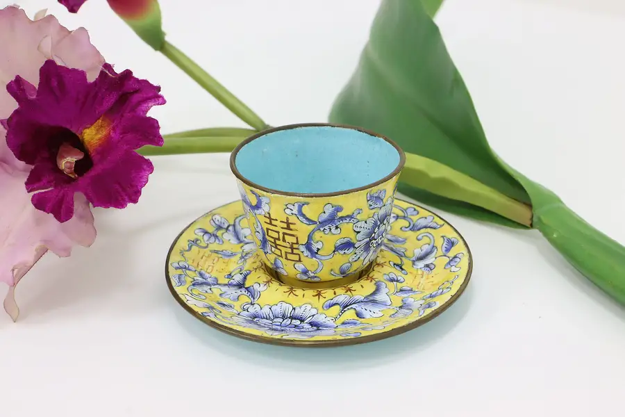 Photo of Chinese Vintage Miniature Cloisonne Teacup & Saucer, Flowers