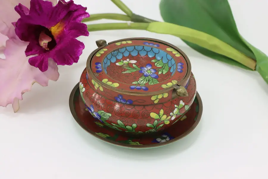 Photo of Chinese Antique Cloisonne Brass Incense or Ash Bowl & Plate
