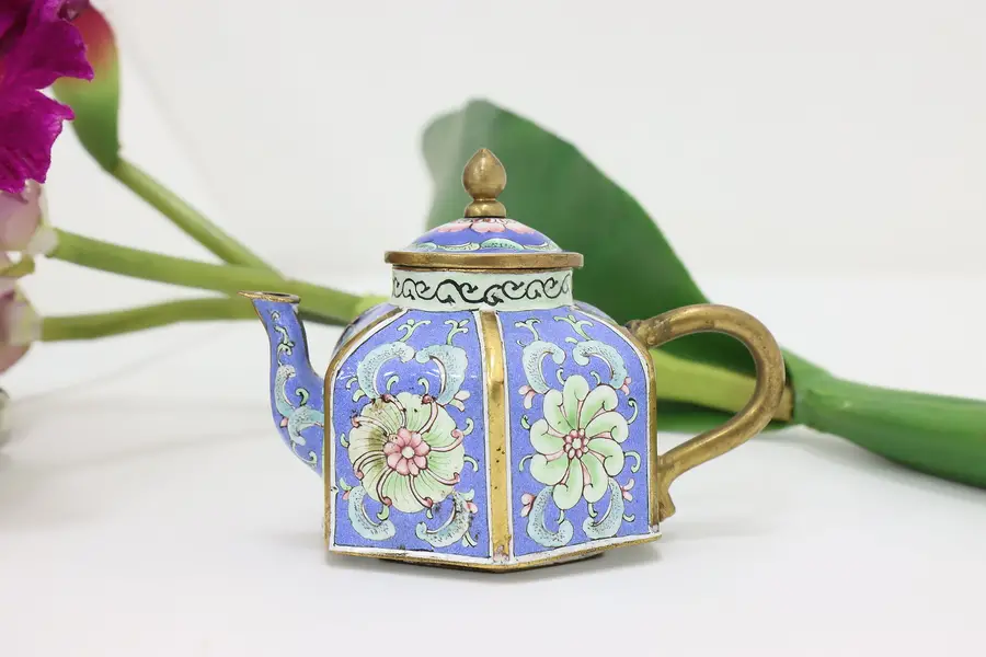 Photo of Chinese Vintage Miniature Cloisonne Enamel Teapot, Flowers