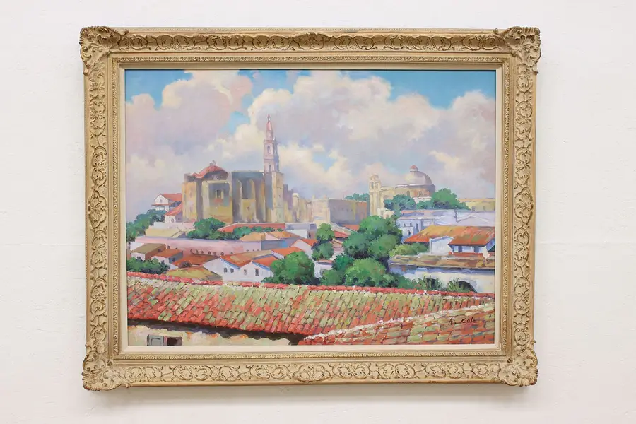 Photo of View of Tuscany Italy Vintage Original Oil Painting Cole 48"