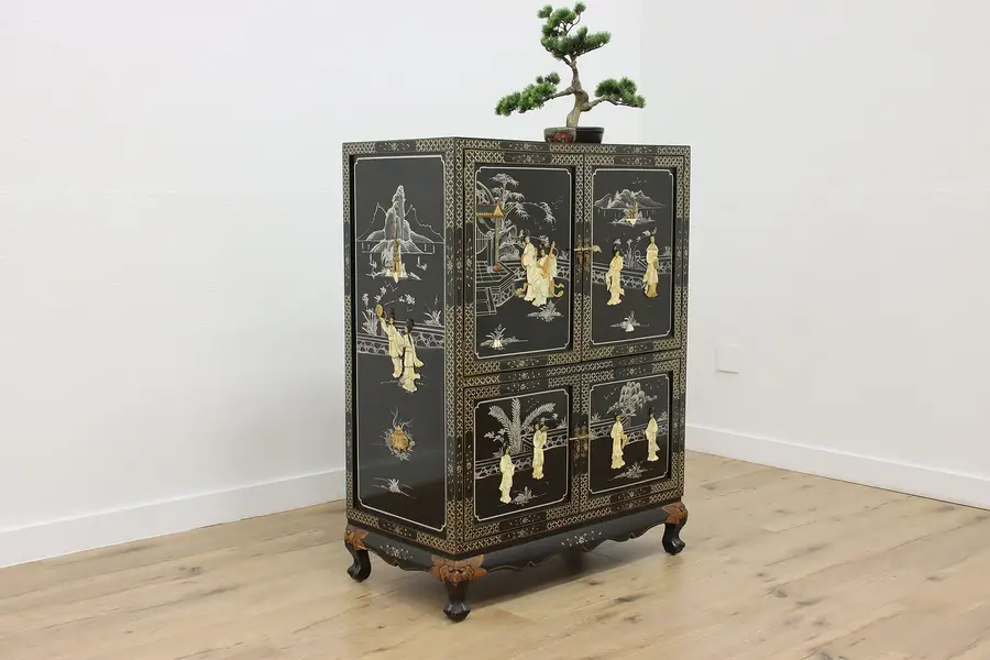 Photo of Asian Vintage Hand Painted Stone & Lacquer Bar Hall Cabinet