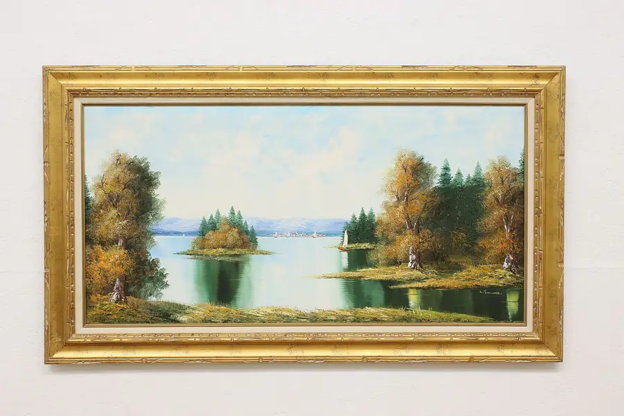Photo of Autumn Lake & Boats Vintage Original Oil Painting Sanler 57"