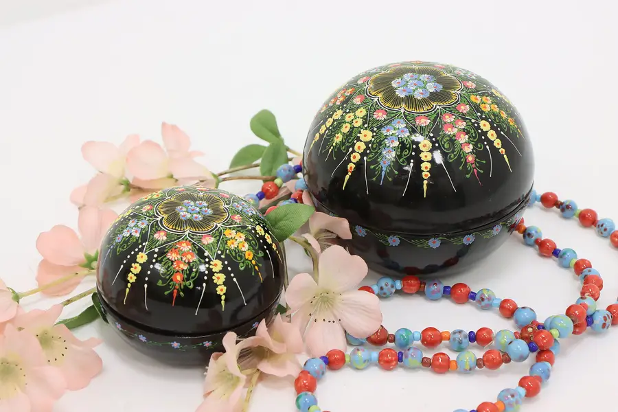 Photo of Pair Ukrainian Vintage Hand Painted Petrykivka Nesting Boxes