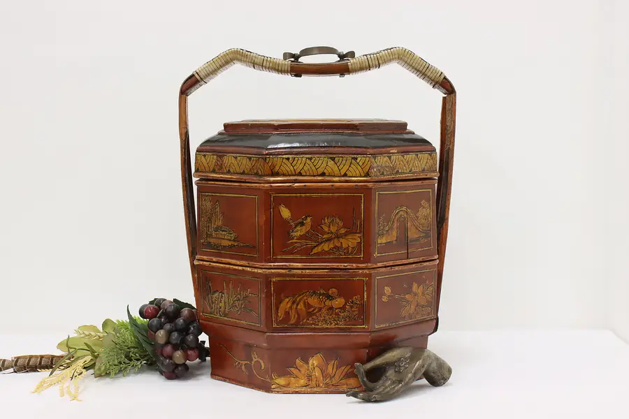 Photo of Chinese Vintage Lacquer Stacking Lunch Bucket Caddy