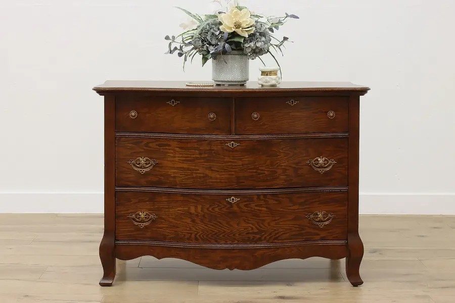 Photo of Victorian Antique Carved Oak Bow Front Dresser or Chest