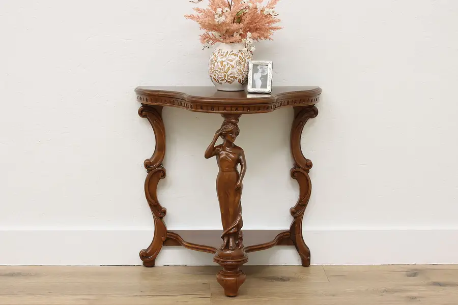Photo of Lady Sculpture Antique Carved Hall or Entry Console Table