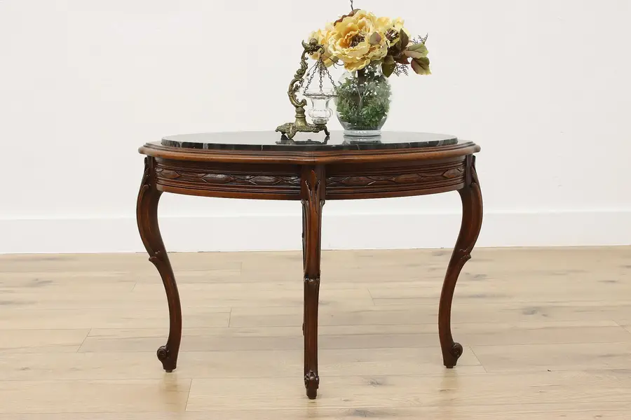 Photo of Carved Walnut Antique Oval Coffee Table Black Marble